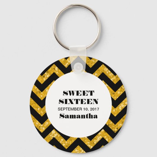 Gele Chevron Glitter Sweet 16 Sleutelhanger (Voorkant)
