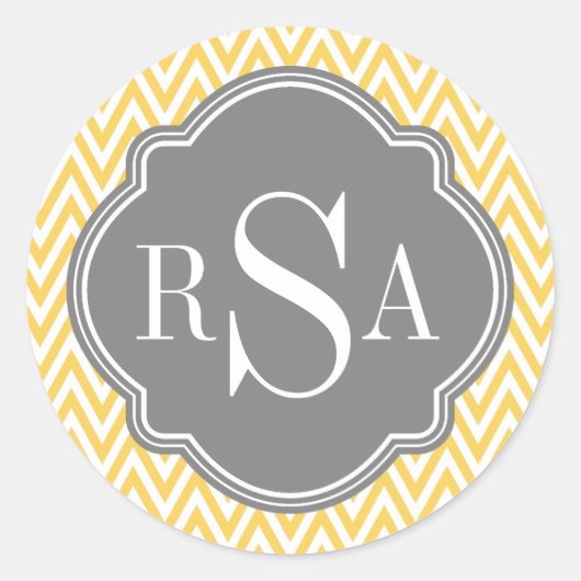 Gele Chevron Gray Monogram Initiaal Letters Ronde Sticker (Voorkant)