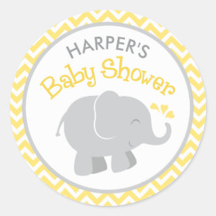 Gele Chevron Grijze Olifant Baby Shower Ronde Sticker