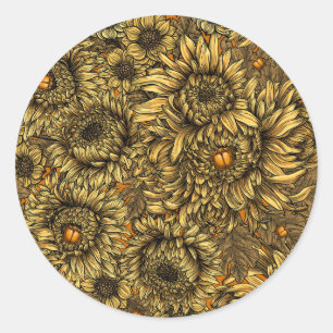 Gele chrysanthemum bloemen en oranje kevers ronde sticker