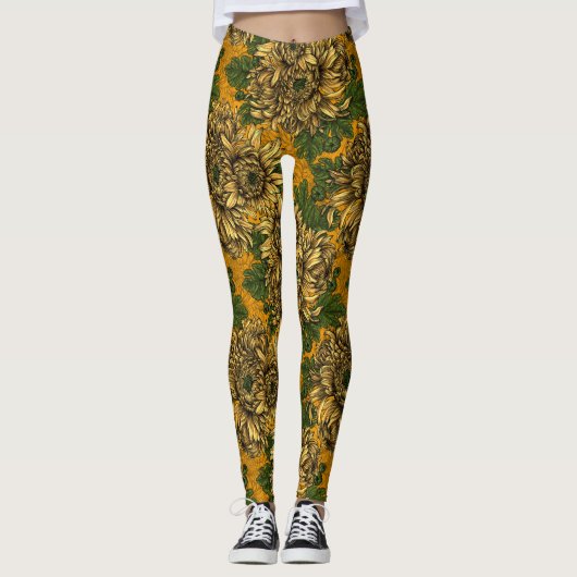 Gele chrysanthemum bloemen leggings (Voorkant)