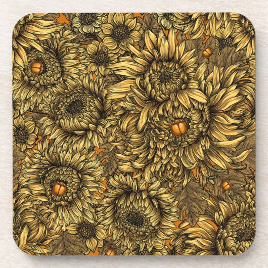 Gele chrysanthemumbloemen en oranje kevers bier onderzetter (Voorkant)