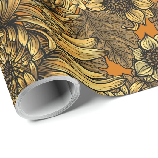 Gele chrysanthemumbloemen en oranje kevers cadeaupapier (Rol Hoek)