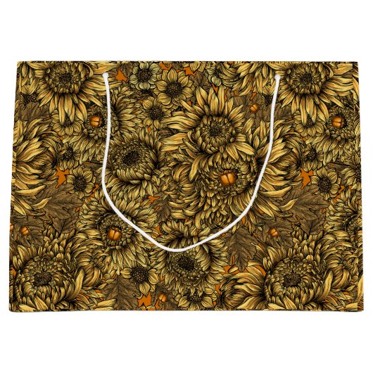 Gele chrysanthemumbloemen en oranje kevers groot cadeauzakje (Voorkant)
