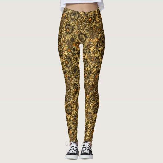 Gele chrysanthemumbloemen en oranje kevers leggings (Voorkant)