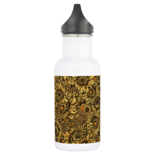 Gele chrysanthemumbloemen en oranje kevers waterfles  (Links)