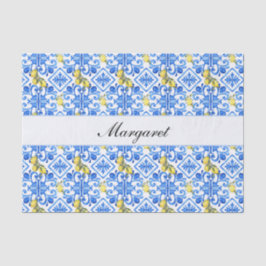 Gele Citroen Blauwe Tegel Aquarel Monogram Naam Tissuepapier