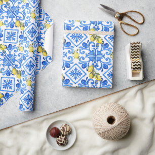 Gele Citroen Blauwe Tegel  Cadeaupapier