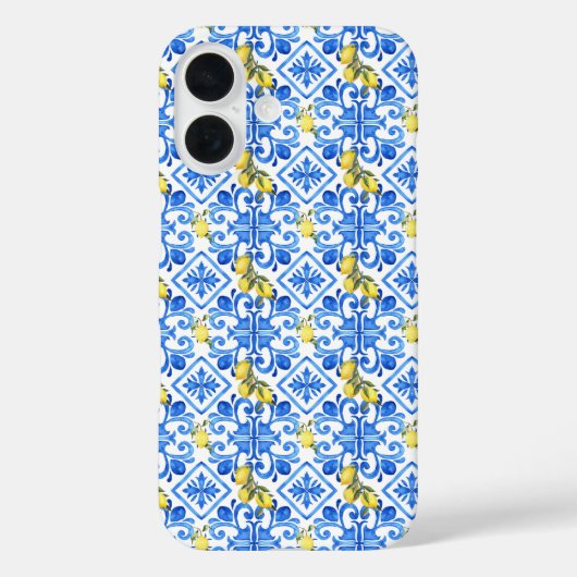 Gele Citroen Blauwe Tegel Case-Mate iPhone Case (Achterkant)