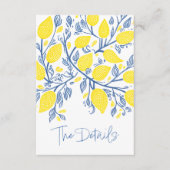 Gele citroen, blauwe wijnstokken bruiloft de detai informatiekaartje (Voorkant)
