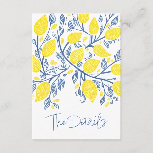 Gele citroen, blauwe wijnstokken bruiloft de detai informatiekaartje (Voorkant)