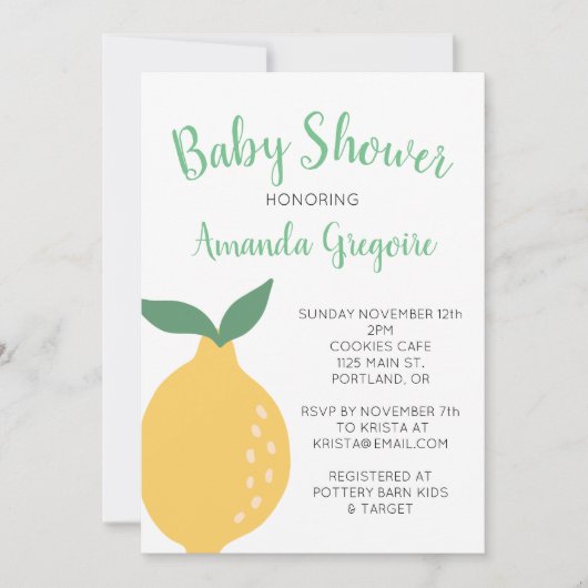Gele citroen en bladeren Baby shower Invitation Kaart (Voorkant)
