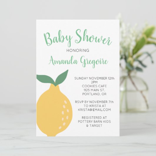 Gele citroen en bladeren Baby shower Invitation Kaart (Staand voorkant)