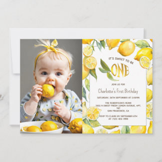 Gele citroen fruit Citrus eerste 1e verjaardag fot Kaart