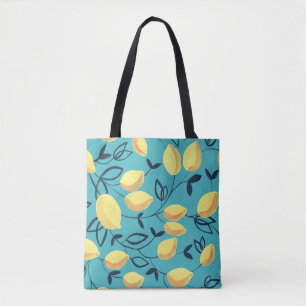 Gele citroen gouache patroon op turquoise. tote bag
