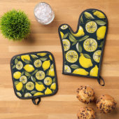 Gele citroen print ovenwant & pannenlap set (Top down)