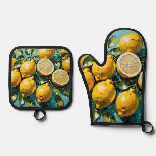 Gele citroen print ovenwant & pannenlap set (Voorkant)