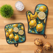 Gele citroen print ovenwant & pannenlap set (Top down)