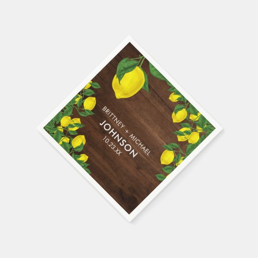 Gele Citroen Waterverf Paar Bruiloft Rustiek Hout Servet (Hoek)