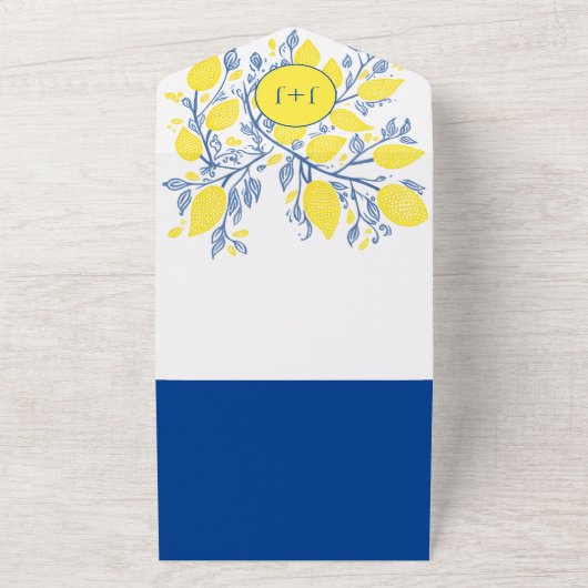 Gele citroen wijnstokken bruiloft uitnodiging en R (Buitenkant)