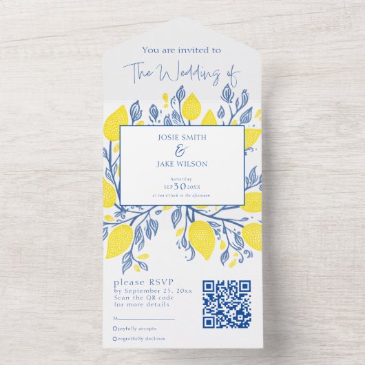 Gele citroen wijnstokken bruiloft uitnodiging en R (Binnen)