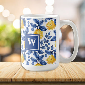 Gele citroenen Blauw Mediterraan Amalfi Initiaal Koffiemok