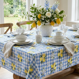 Gele citroenen en blauwe geruite gingham stof tafelkleed