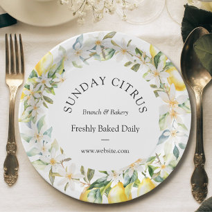 Gele citroenen en witte bloemen bloemenkrans papieren bordje