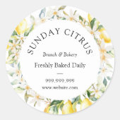 Gele citroenen en witte bloemen bloemenkrans ronde sticker (Voorkant)