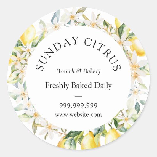 Gele citroenen en witte bloemen bloemenkrans ronde sticker (Voorkant)