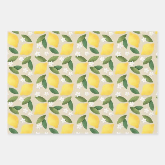 Gele citroenen, groene bladeren en witte bloemen w inpakpapier vel (Voorkant 3)