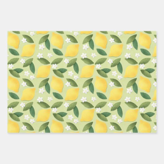 Gele citroenen, groene bladeren en witte bloemen w inpakpapier vel (Voorkant 2)