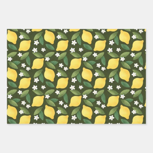 Gele citroenen, groene bladeren en witte bloemen w inpakpapier vel (Voorkant)
