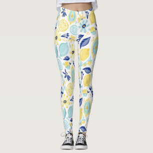 Gele Citroenen Mint Groen en Blauw Patroon Print Leggings