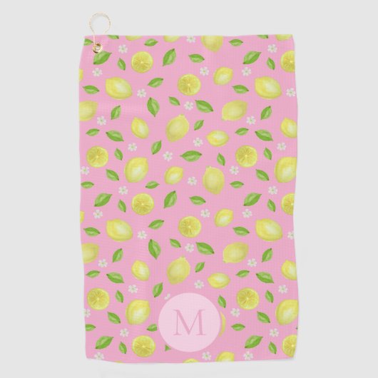 Gele citroenen op roze aangepaste initiële dames golfhanddoek (Voorkant)