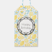 Gele Citroenen & Pastel Blauwe Bloemen Gelukkige V Cadeaulabel (Voorkant)