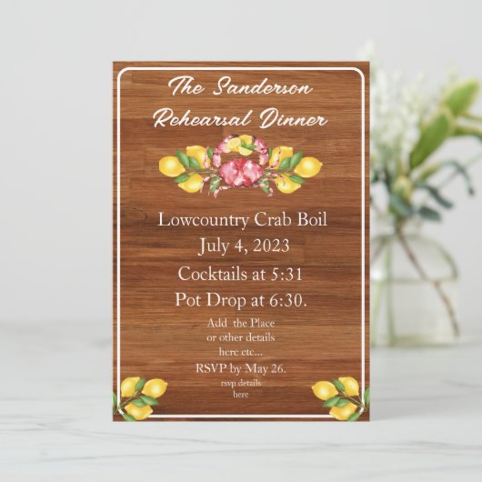 Gele citroenen Rood krab Hout Lowcountry uitnodigi Kaart (Staand voorkant)