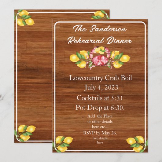 Gele citroenen Rood krab Hout Lowcountry uitnodigi Kaart (Voorkant / Achterkant)