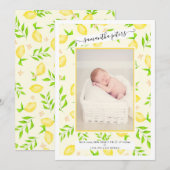 Gele citroenen waterverf foto baby geboorte aankondiging (Voorkant / Achterkant)