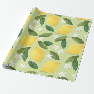 Gele citroenen, witte bloemen en groene bladeren cadeaupapier