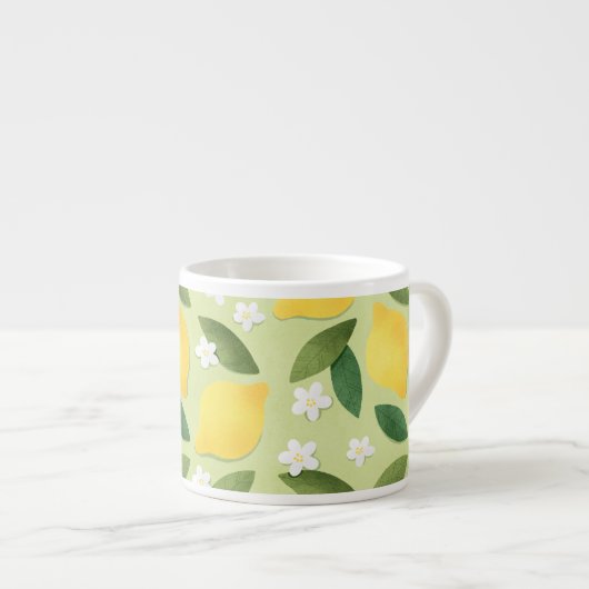 Gele citroenen, witte bloemen en groene bladeren espresso kop (Voorkant rechts)