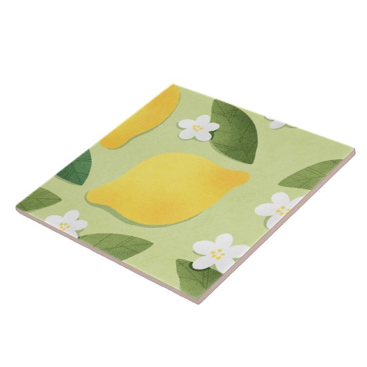 Gele citroenen, witte bloemen en groene bladeren tegeltje (Zijkant)