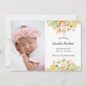 Gele citrusvruchten | Modern Elegant Floral Birth Aankondiging (Voorkant)