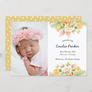 Gele citrusvruchten   Modern Elegant Floral Birth Aankondiging