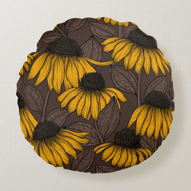 Gele condensors op donkerbruin rond kussen (Voorkant)