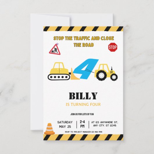 Gele Constructie 4E Verjaardag Uitnodiging (Voorkant)
