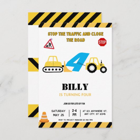 Gele Constructie 4E Verjaardag Uitnodiging (Voorkant / Achterkant)