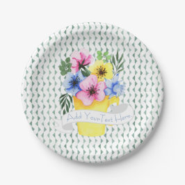 Gele container met pastel viooltjes papieren bordje