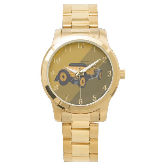Gele  converteerbare auto, grote Gold Watch Horloge (Voorkant)