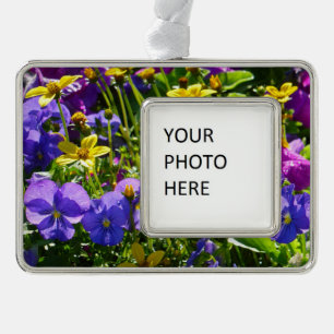 Gele Coreopsis en Paarse Violas Colorful Floral Verzilverd Omlijst Ornament